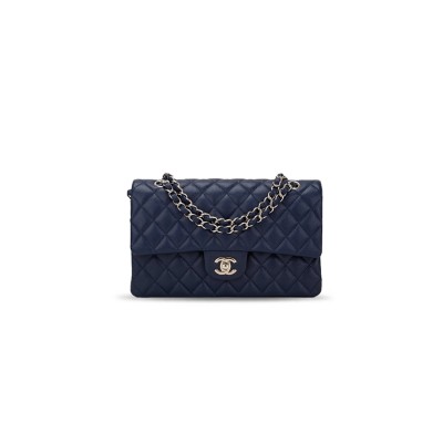 CHANEL CLASSIC DOUBLE FLAP QUILTED CAVIAR SILVER-TONE MEDIUM NAVY BLUE A01112 (25.5*15.5*6.5cm)